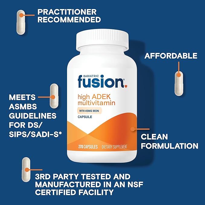 Bariatric Fusion High ADEK Multivitamin Capsule with 45mg Iron | Multi for Duodenal Switch Surgery Patients | Easy to Swallow Vitamin | 1080 Capsules | 1 Year Supply