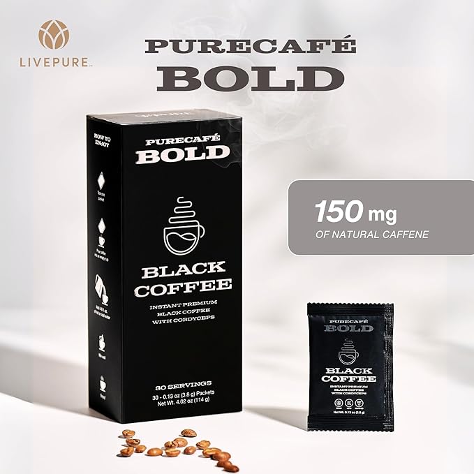 PureCafé Bold Black Coffee with Cordyceps | Smooth Energizing Flavor | Convenient Single-Serve Packets | Supports Focus Vitality &amp Wellness | 30 Servings