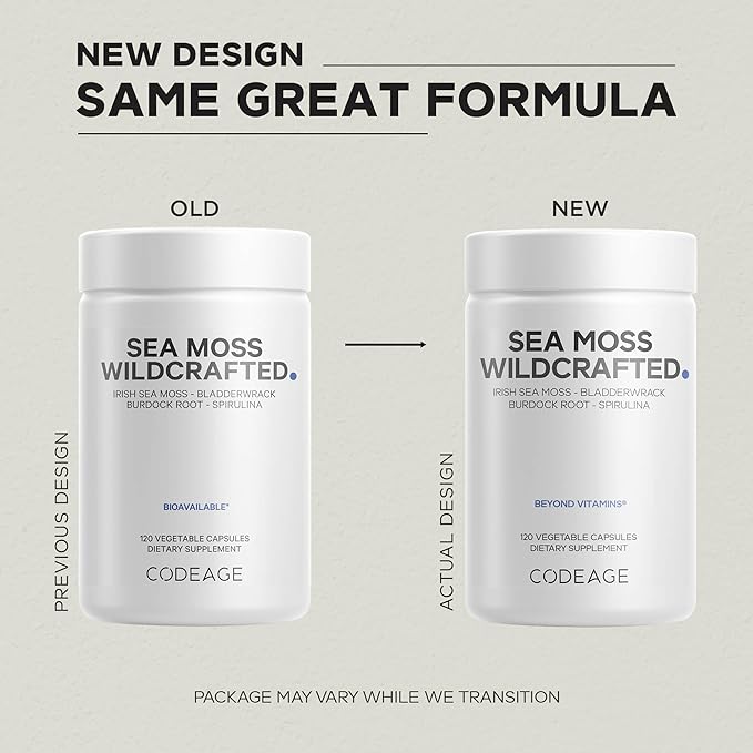 Codeage Raw Wildcrafted Irish Sea Moss Supplement Spirulina Algae Bladderwrack Seaweed Burdock Root Black Pepper Vegan Non-GMO 120 Capsules