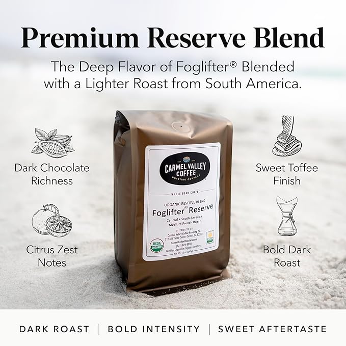 Carmel Valley Coffee Roasting Foglifter® Reserve – Whole Bean Organic Medium Dark Roast Coffee Connoisseur's Premium Blend Citrus Zest &amp Toffee Notes 12 Ounce Bag (2 Pack)
