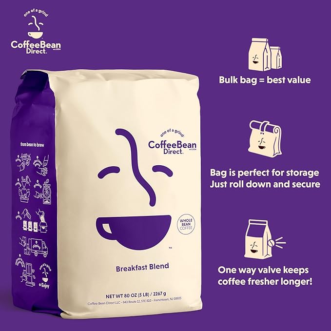 Coffee Bean Direct Breakfast Blend Whole Bean Coffee Mild and Mellow Mixed Roast Level 5 Pound Bag (Pack of 1)