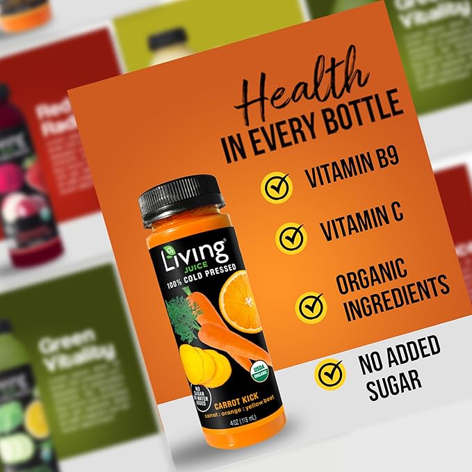 O2 Living Carrot Kick Mini Organic Cold Pressed Juice | Refreshing Carrot Orange &amp Yellow Beet Juice for Quick Wellness Boost | No Added Sugar or Water | Natural Sweetness | Non-GMO | 4 oz 8-Pac