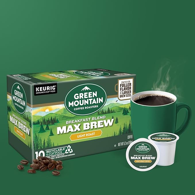 Green Mountain Coffee Roasters Breakfast Blend Max Brew Single Serve Keurig K-Cup Pods Light Roast Coffee 60-Count Box (6 Packs of 10)