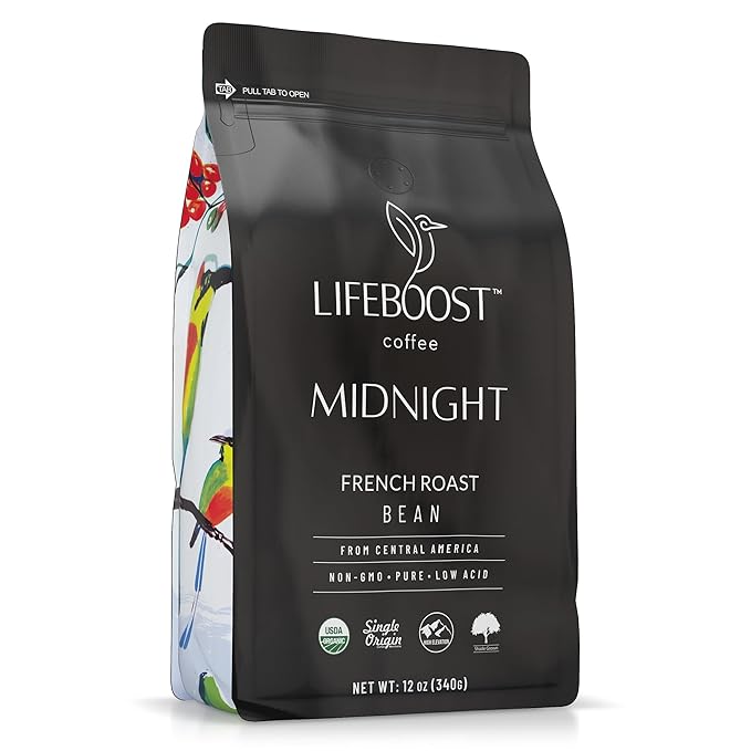 Lifeboost Midnight French Roast Coffee Beans - Single Origin Non-GMO USDA Organic Low Acid French Roast Coffee - Third Party Tested For Mycotoxins &amp Pesticides - 12 Ounces