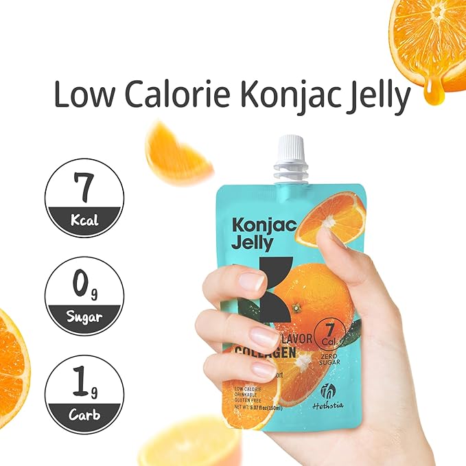 Hethstia Konjac Jelly Collagen Peptides Various Flavors 10-Pack and Orange Konjac Jelly with Collagen Peptides 10 Pouches Fruit Jelly Snacks Low-Calorie Drinkable Jelly with Vitamin C Sugar-Free