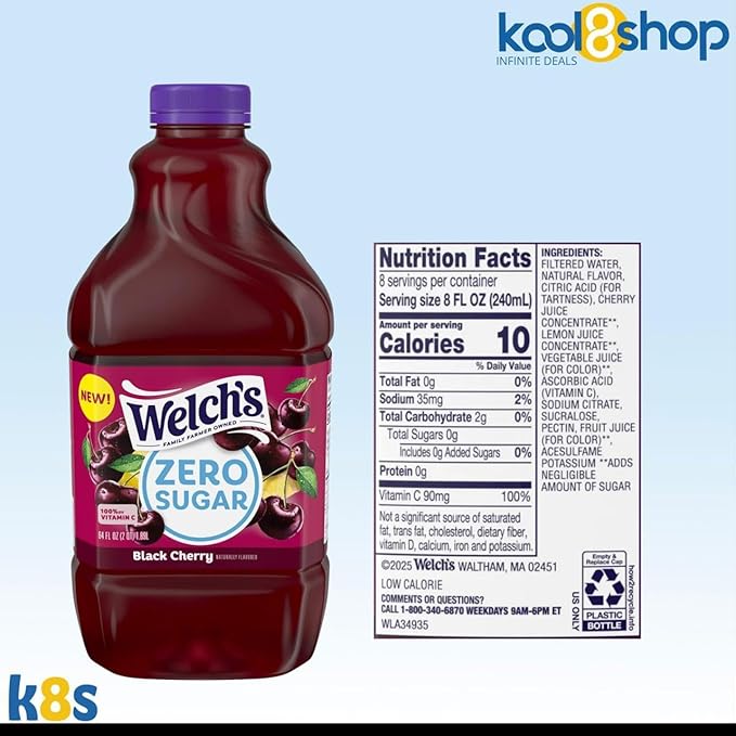 Welch's Black Cherry Zero Sugar Fruit Juice Drink 64 fl oz Plastic Bottles 4 Pack + 15 Sugarcane Disposable Straws by KOOL8SHOP Infinite Deals