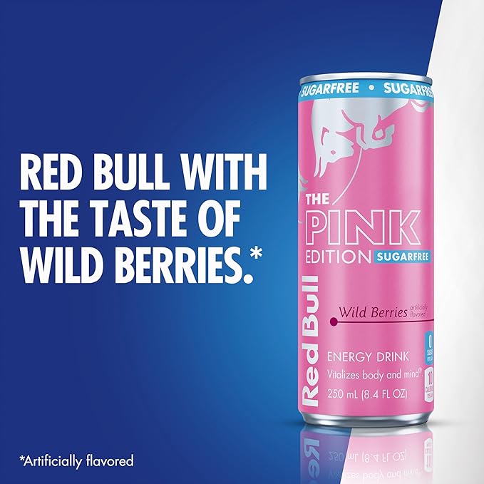Red Bull Pink Edition Sugar-Free Energy Drink Wild Berries with 114mg Caffeine plus Taurine &amp B Vitamins 12 Fl Oz 6 Packs of 4 Cans (Pack of 24)