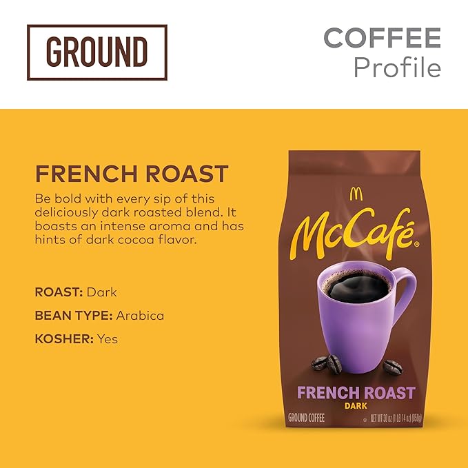 McCafe French Roast Ground Coffee Dark Roast Dark Cocoa Flavor Hints Premium Quality Responsibly Sourced Kosher Certified 30oz. Bag