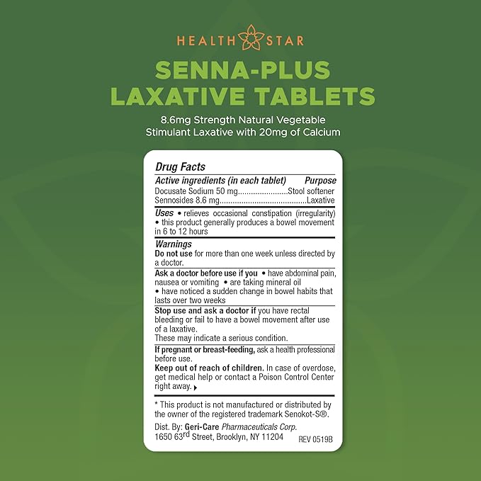 Health Star Senna Plus Laxative &amp Stool Softener Tablets 50mg / 8.6mg Strength Natural Vegetable Stimulant Laxative| Gentle Constipation Relief| Docusate Sodium for Bowel Movement (1000 Tablets