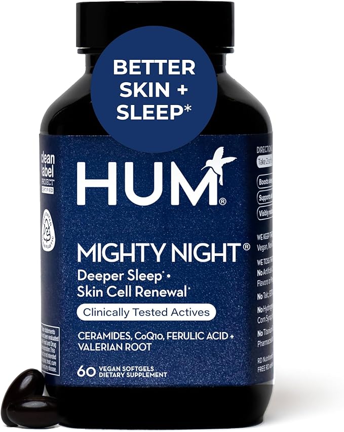 HUM Mighty Night Nighttime Sleep Supplement for Skin Care CoQ10 Valerian Root &amp Ferulic Acid to Support Cell Turnover Skin Vitamins for Women and Men Overnight Beauty Vitamins 60 Vegan Softge