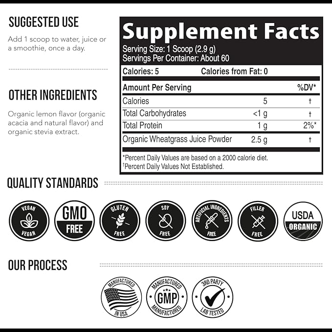 Organic Wheatgrass Juice Powder - Organically Grown in Volcanic Soil of Utah - Raw &amp BioActive Form Cold-Pressed Then CO2 Dried 20:1 Super Concentrate - Lemon (6.2 oz - 60 Servings)