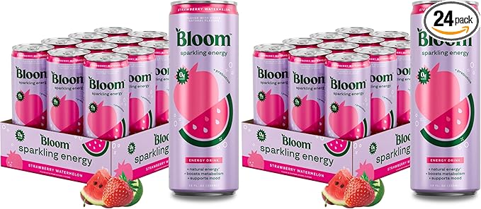 Bloom Nutrition Sparkling Energy Drink Zero Sugar 180mg Caffeine | Strawberry Watermelon | 12oz | 24 Pack | Antioxidant-Rich