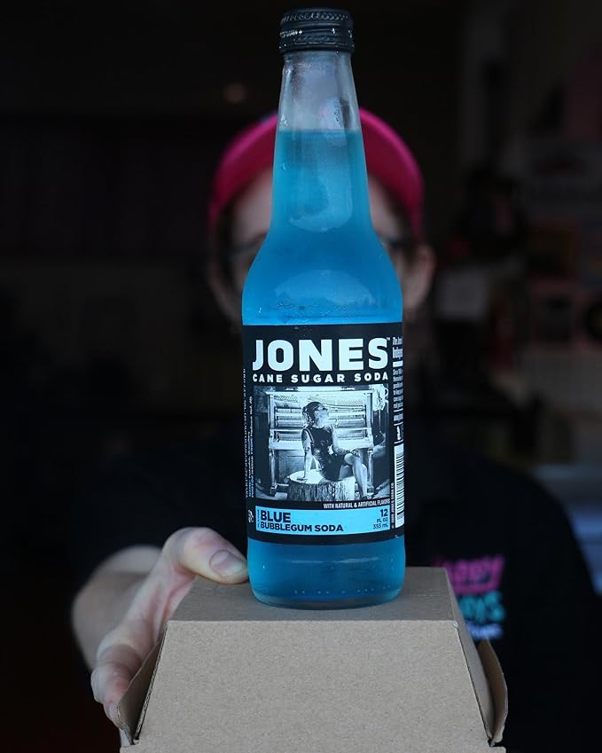 Jones Soda Co. Blue Bubblegum Flavor | 12-Pack | The Original Craft Soda | Made with Pure 100% Cane Sugar | Pop Beverages/Soft Drinks | 12 Oz Glass Bottles