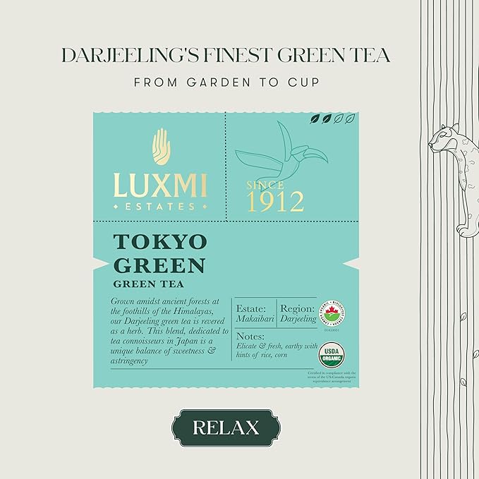 Luxmi Estates Tokyo Green Organic Green Tea (50 Tea Bags) Tea Bags For Relaxing Calming and Stress Relief With Certified Organic Darjeeling Makaibari Green Tea