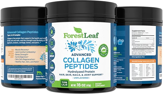 ForestLeaf Collagen Peptides Powder Unflavored - Hydrolyzed Grass Fed Keto Collagen Protein Powder Type 1 2 &amp 3 - Vital Hair Skin Nails Joints Recovery 11g Per Serving