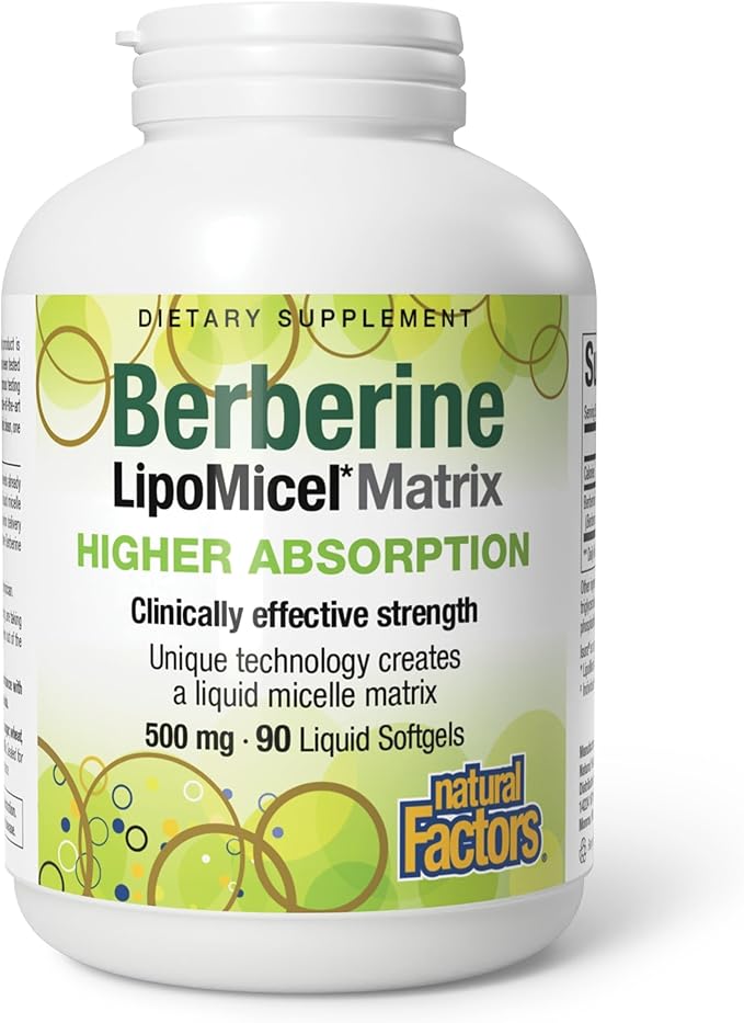 Natural Factors Berberine LipoMicel Matrix - Daily Supplement Supports Metabolic Health - Formula Supports General Health - Gluten-Free &amp Dairy-Free - 90 Liquid Softgels (90 Servings)