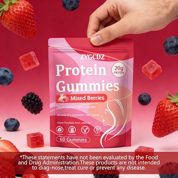Protein Gummies for Women &amp Men 20g Protein per Serving Zero Sugar Vegan Supports Hair Skin Nails Health with Collagen Energy Boosting Supplement Mixed Berries Flavor 60 Gummies (1) (1)