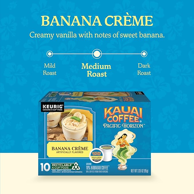 Kauai Coffee K-Cup Pods for Keurig Brewers – Arabica Coffee 10% Hawaiian – Medium Roast Banana Flavor with Creamy Vanilla – Banana Crème 1 Pack of 10 Single Serve K-Cups