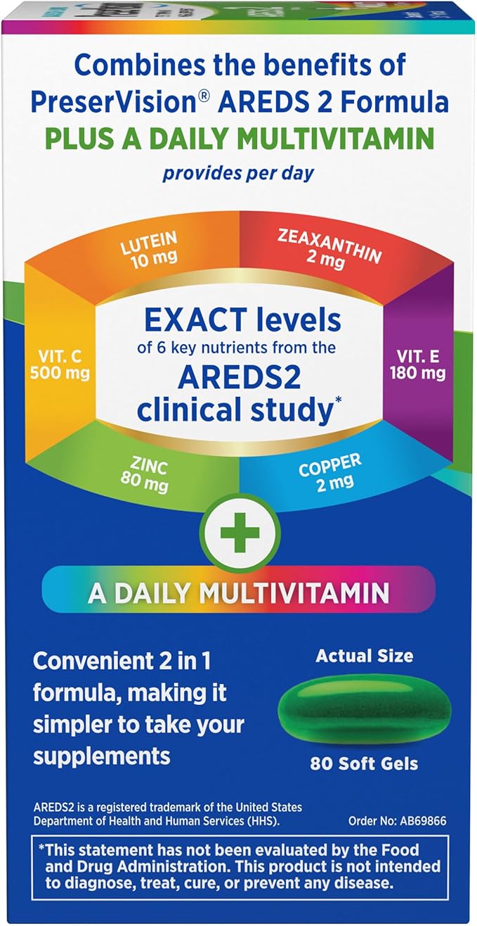 PreserVision AREDS 2 + Multivitamin#1 Eye Doctor Recommended Brand2-in-1 Eye Vitamin with LuteinZeaxanthinZincand Vitamin CD &amp E80 Softgels(Pack of 2)