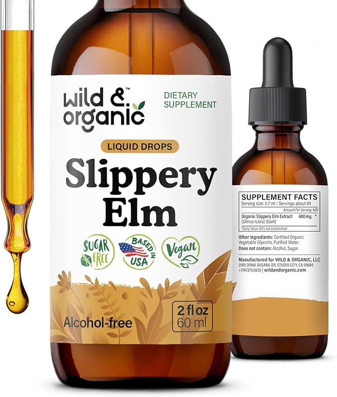 Wild &amp Organic Slippery Elm Drops - Lung Digestive &amp Women's Support - Slippery Elm Bark Tincture - Add to Tea Liquid Extract - Ulmus Rubra Supplement - Vegan Sugar &amp Alcohol-Free - 2 fl