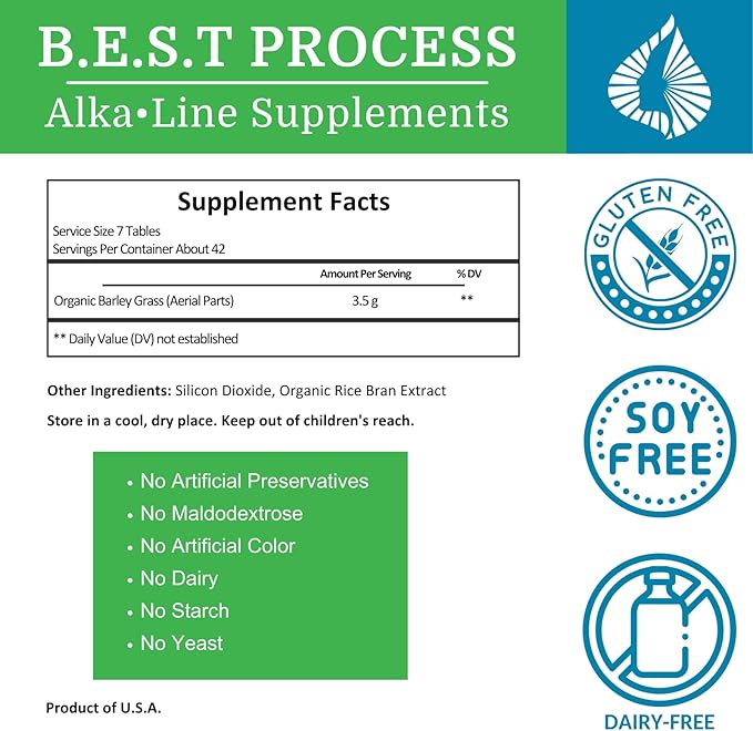 Alka•Green Tablets Best Process Alkaline — Nutrient Dense Organic Barley Grass Supplement — Natural Source of Enzymes &amp Amino Acids