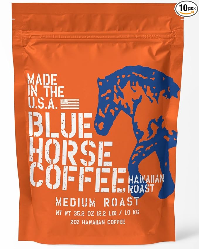 Blue Horse 'Gentle Giant' Hawaiian Roast Arabica Whole Beans Blend (20% Kona) Medium Roast 2.2 Lbs (35 oz)