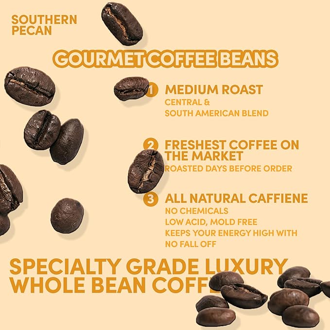 2 lb Southern Pecan Whole Bean Coffee | Pecan Flavored Coffee Beans | Bulk Medium Roast Nutty | Specialty Grade | 32 oz