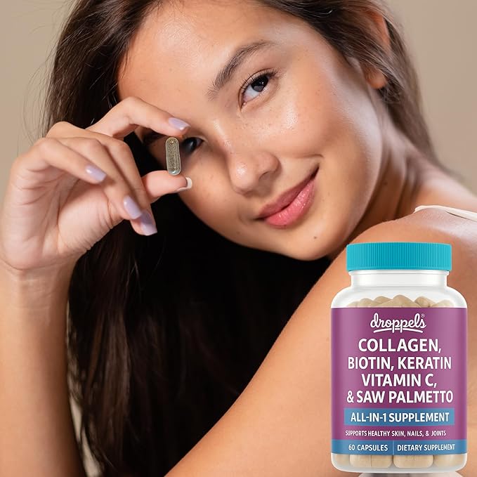 Droppels Collagen Capsules – Advanced Collagen + Biotin + Keratin + Vitamin C – Hair Skin Nails &amp Joints Support – 60 Count Dietary Supplement
