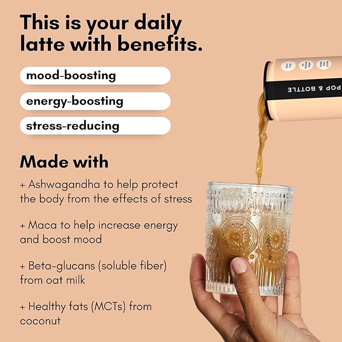 Pop &amp Bottle Oat Milk Lattes - Cold Brew With Adaptogens Maca Ashwagandha Mct Oil Oat Milk Organic Dairy Free Gluten Free Great As Iced Coffee Lightly Sweetened With Dates - Mocha 8 Fl