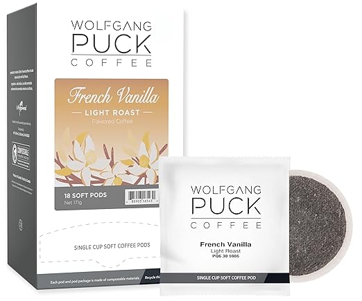 Wolfgang Puck Coffee French Vanilla Light Roast 9.5 Gram Soft Pods 18 Count (Pack of 6)