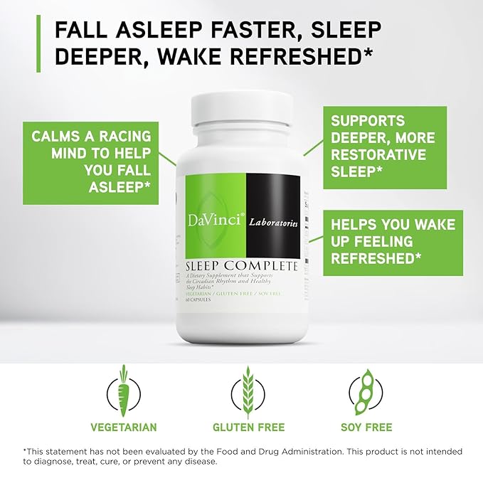 DAVINCI Labs Sleep Complete - Dietary Supplement to Support Healthy Sleeping Habits Relaxation and Sleep* - with Melatonin Lemon Ashwagandha and L-Theanine - Gluten-Free - 60 Vegetarian Capsules