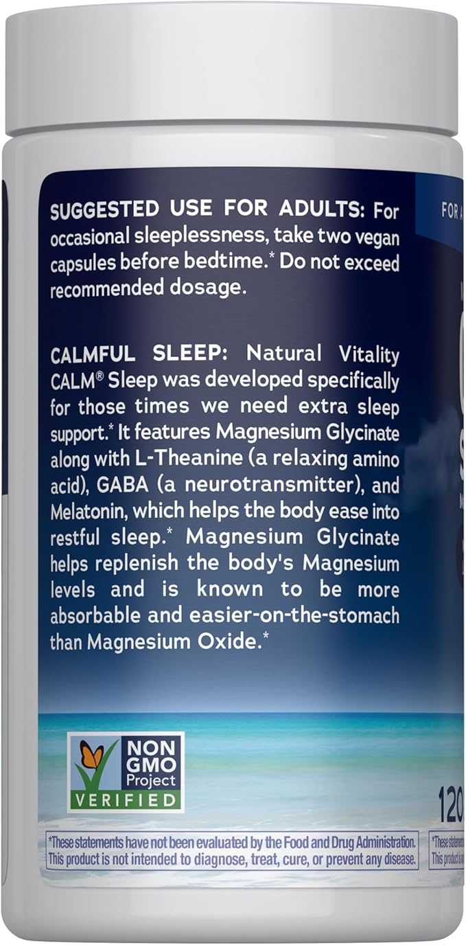 Natural Vitality Calm Sleep Capsules | Magnesium with Melatonin L-Theanine &amp GABA Supplement | for a Good Night's Sleep | Non-GMO Gluten Free &amp Vegan | 120 Count