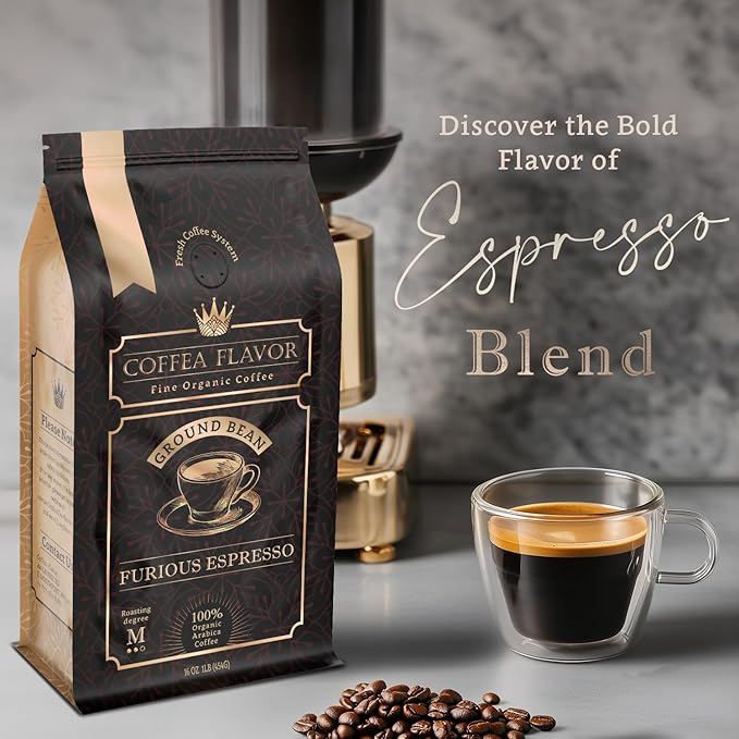 Ground Espresso Coffee – Organic Single Origin Medium Roast Bold &amp Smooth – 100% Arabica – Crafted for Espresso Machines – Furious Espresso by Coffea Flavor