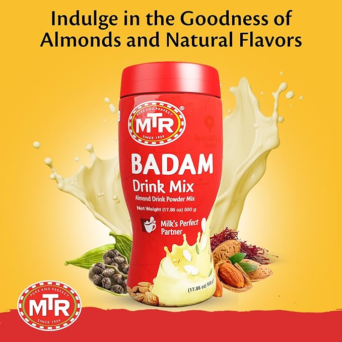 MTR Badam Drink Mix – 500g Pack of 6 Multi-purpose Drink Mix Premium Almond Drink Mix made with select quality Almonds Saffron &amp Cardamom Authentic Indian Flavor Quick &amp Easy to Prepare