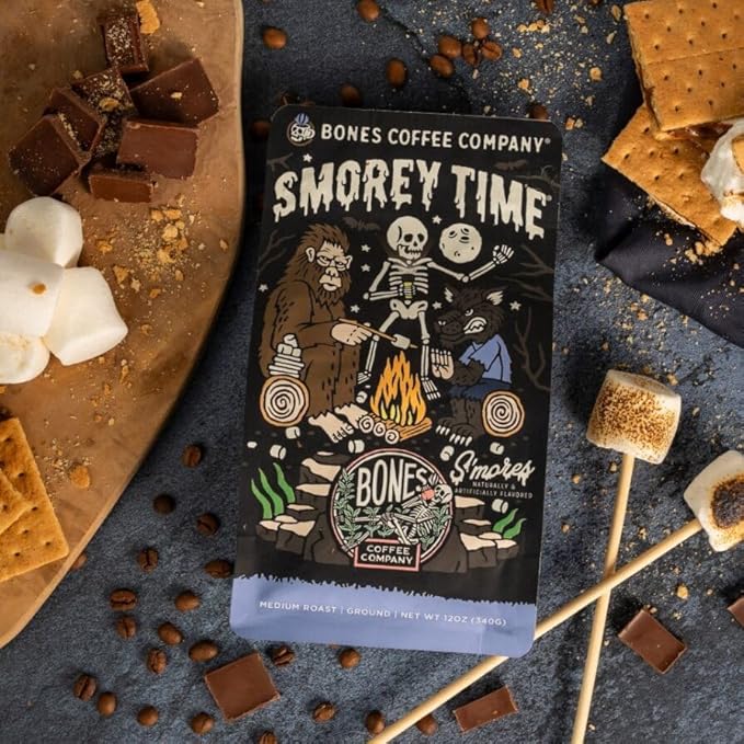 Bones Coffee Company S'morey Time and Cinnamon Roll 12 oz Ground Coffee Medium Roast Low Acid Coffee