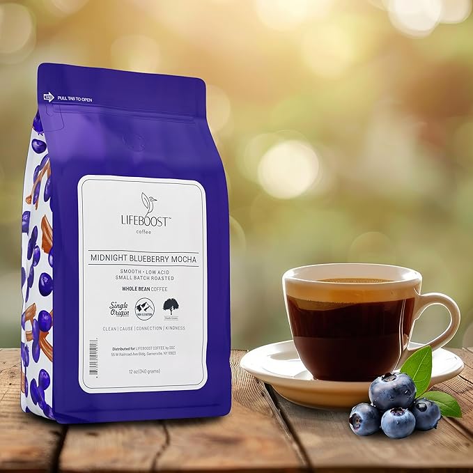 Lifeboost Midnight Blueberry Mocha Whole Bean Coffee - Non-GMO Wild Blueberry Low Acid Single Origin Coffee Beans - Third Party Tested For Mycotoxins &amp Pesticides - 12 Ounces