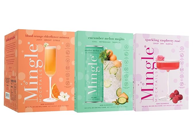 Mingle Mocktails Variety Pack Premium Non-Alcoholic Drinks Pineapple Paloma Blood Orange Mimosa Raspberry Rose Zesty Pre-Mixed Drinks Canned Mocktails 12 fl. oz. Cans Pack of 12