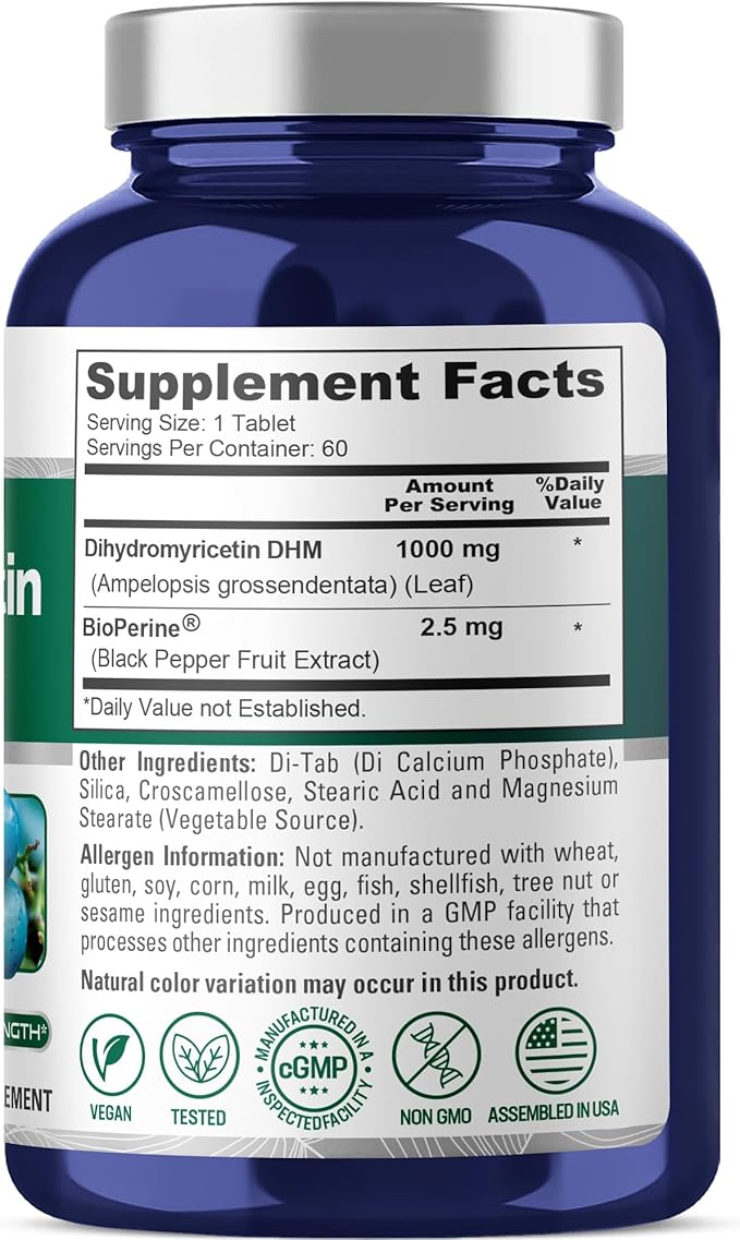 NusaPure Dihydromyricetin (DHM) 1000mg 60 Veggie Tablets (No GMO &amp 100% Vegetarian)