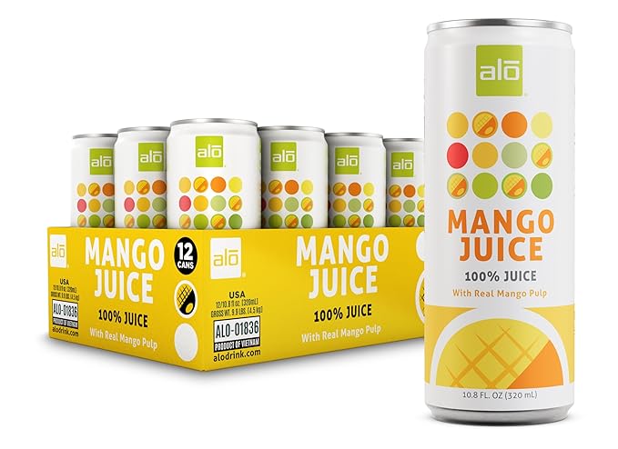 ALO Slim Can Juice Mango with Real Fruit Pulp| 10.82 fl oz Pack of 12 | Plant-Based Beverage 100% Natural Juice