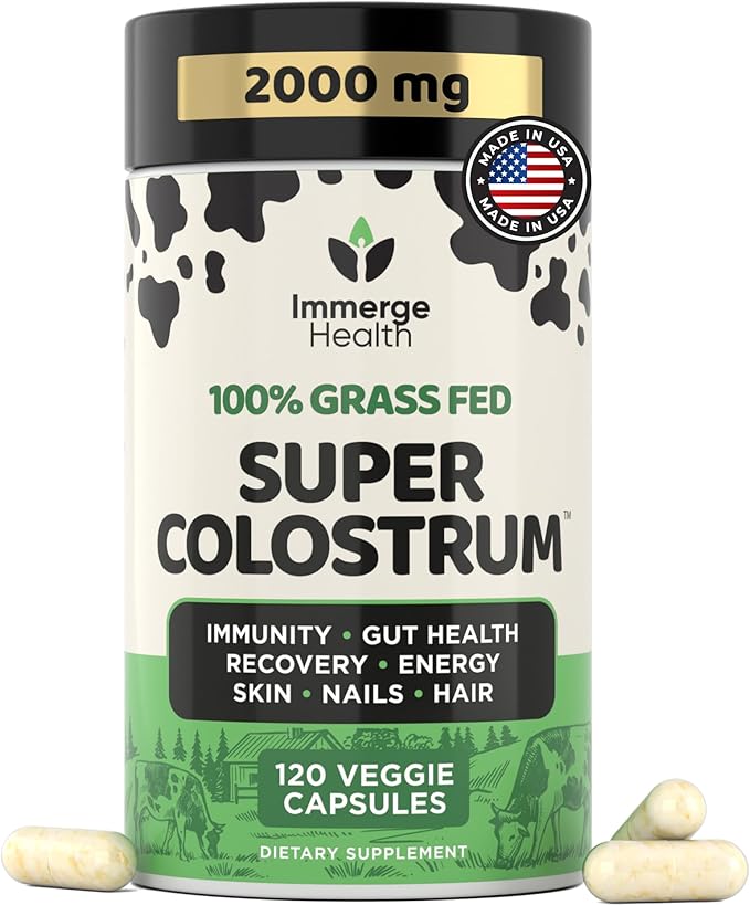 Immerge Health Super Colostrum Capsules - 120 Count High IgG Bovine Supplement for Gut Health Hair Growth Bloating &amp Immunity - 100% Grass Fed First Milking Tasteless &amp Travel Friendly USA