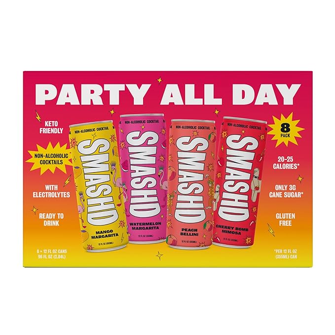 SMASHD Party All Day Non-Alcoholic Cocktail Variety Pack 8 x 12 fl oz Cans | Ready-to-Drink Mocktails | Low Calorie Low Sugar Low Carb | 45 Calories per Can | Gluten Free with Electrolytes