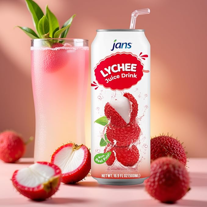 Lychee Juice Drink with Pulp 16.9 oz (Bulk Pack of 12) by Jans — Fat-Free Cholesterol-Free Refreshing Taste of the Tropics