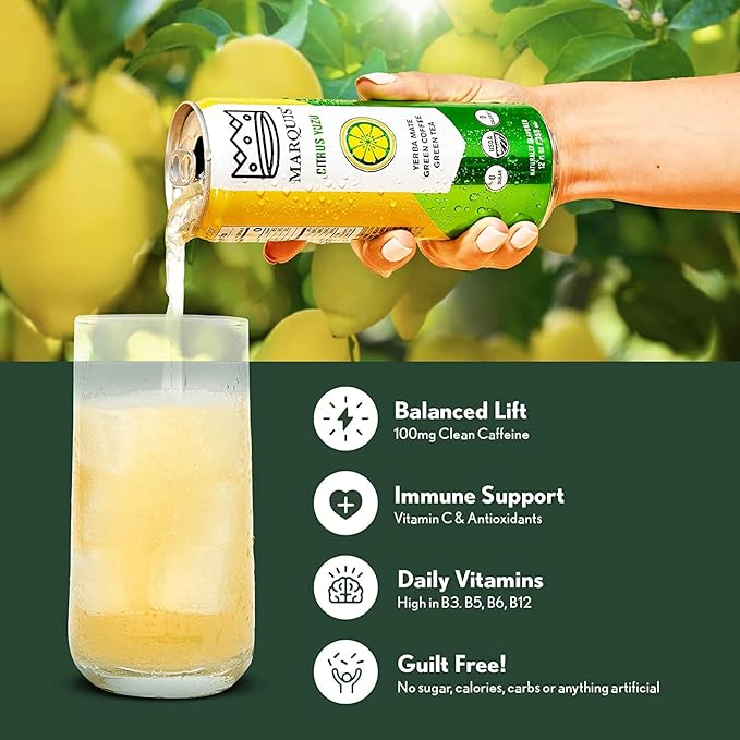 Organic Green Tea + Yerba Mate Drink by Marquis |Antioxidant Infused Sparkling Beverage | Zero Sugars Zero Calories | Citrus Yuzu Flavor Super Tea | Pack of 12 (12 oz Cans)