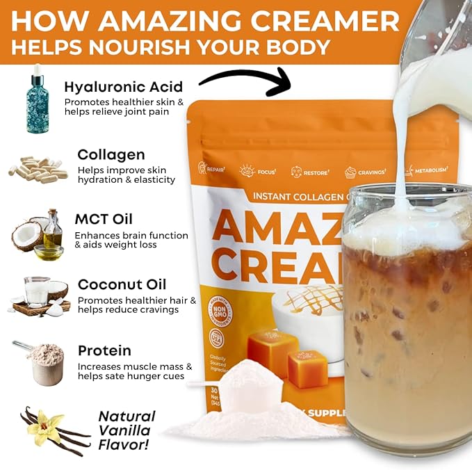 Superfoods Company Amazing Creamer with Collagen - Keto Creamer-Hyaluronic Acid &amp MCT Oil - Brain Boost &amp Curbs Cravings - Supports Healthy Skin &amp Hair - Diet-Friendly [30 Servings] [Salte