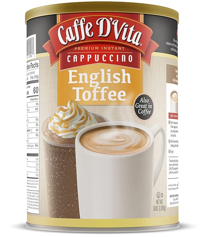 Caffe D'Vita English Toffee Cappuccino Mix - Instant Cappuccino Mix Gluten Free No Cholesterol No Hydrogenated Oils No Trans Fat 99% Caffeine Free Flavored Instant Coffee - 3 Lb Can