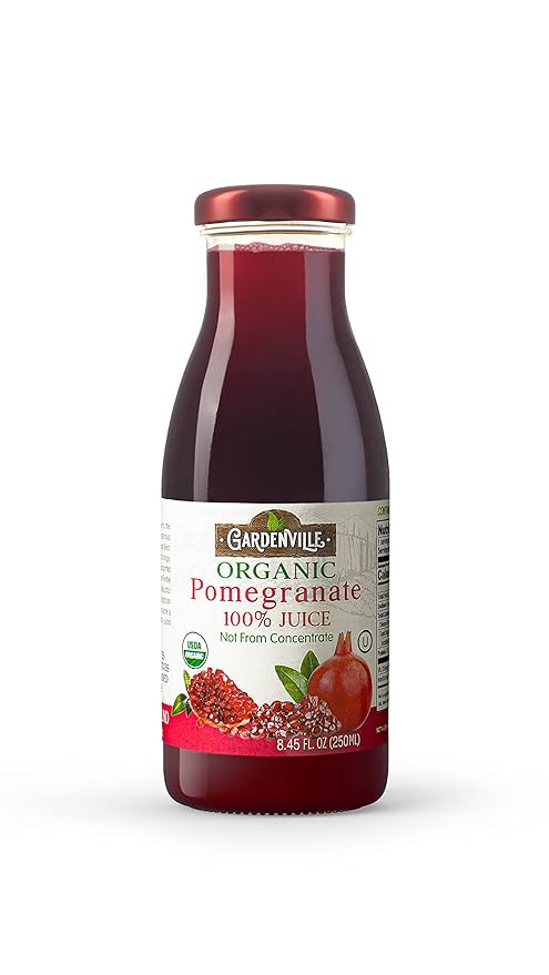 Gardenville Organic Pomegranate Juice (Pack of 12) USDA Organic No Added Sugar U Kosher Certified Pasteurized 8.4 oz Glass Bottles (Pomegranate)