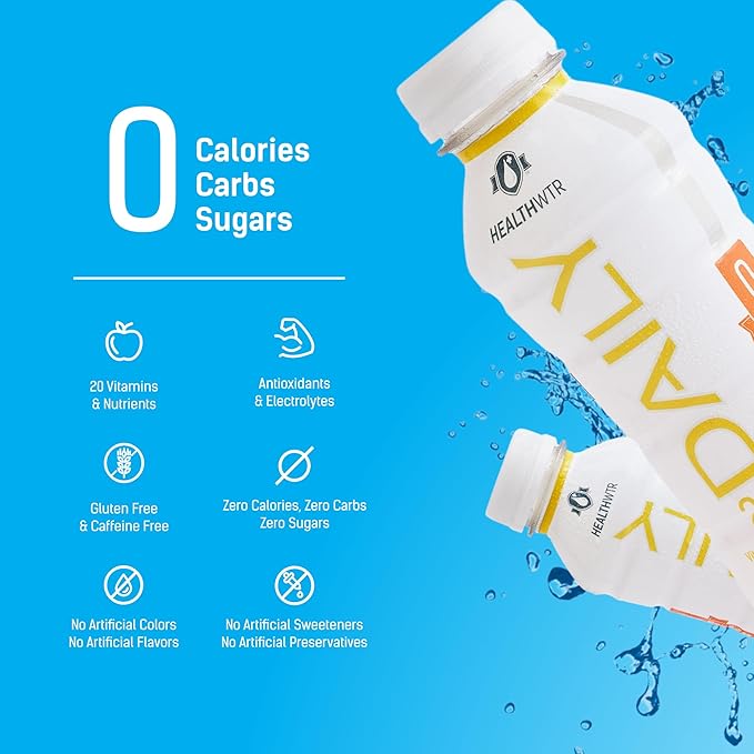Healthwtr Daily Enhanced Water – Strawberry Pomegranate Flavor 20 Vitamins &amp Nutrients Antioxidants &amp Electrolytes 0 Calories 0 Carbs 0 Sugar Caffeine Free 12-Pack Bottles