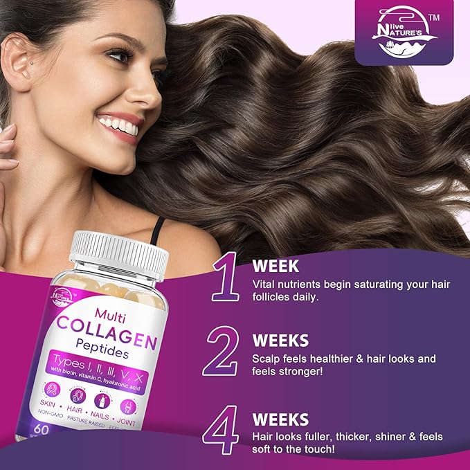 Multi Collagen Peptides Softgel - Type I II III V X - Hydrolyzed Collagen Peptides with Biotin Vitamin C Hyaluronic Acid Supports Skin Hair Nail Grass-Fed Non-GMO 60 Softgel 2 Pack