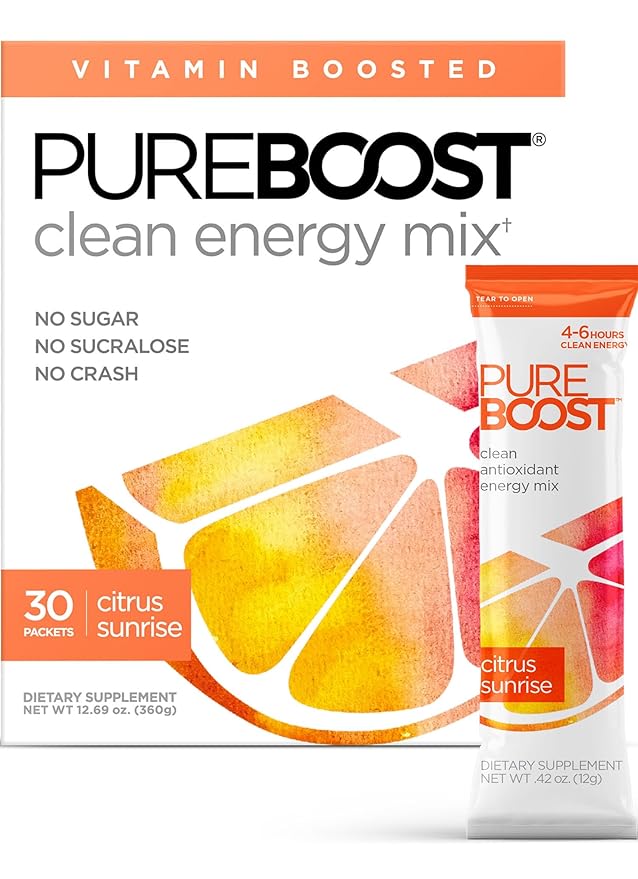 Pureboost Clean Energy Booster Refreshing Energy Drink Mix with B12 Vitamins Electrolytes Antioxidants Sugar-Free with No Sucralose (Citrus Sunrise 30 Count)