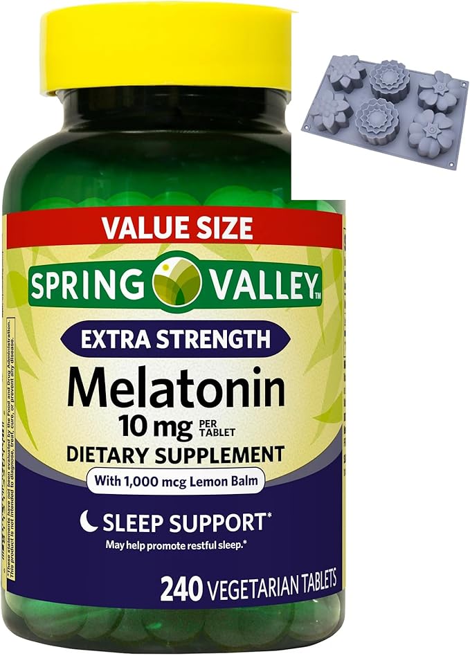 Spring Valley Extra Strength Melatonin Tablets Dietary Supplement Value Size 10 mg 240 Count + 1 Silicone Baking Mold (Style &amp Color Varies)